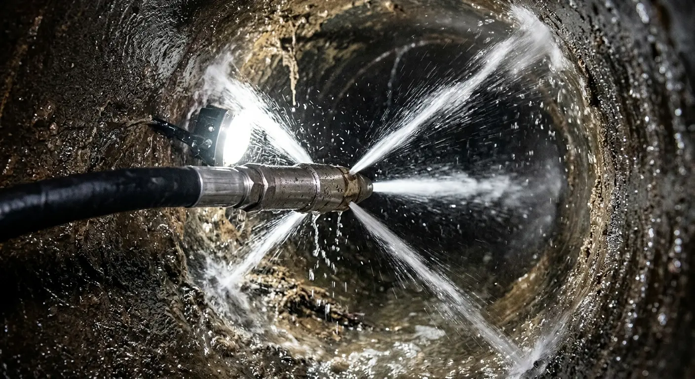 High-pressure hydro jetting nozzle cleaning sewer pipe for Emergency Drain Service in Fruitville