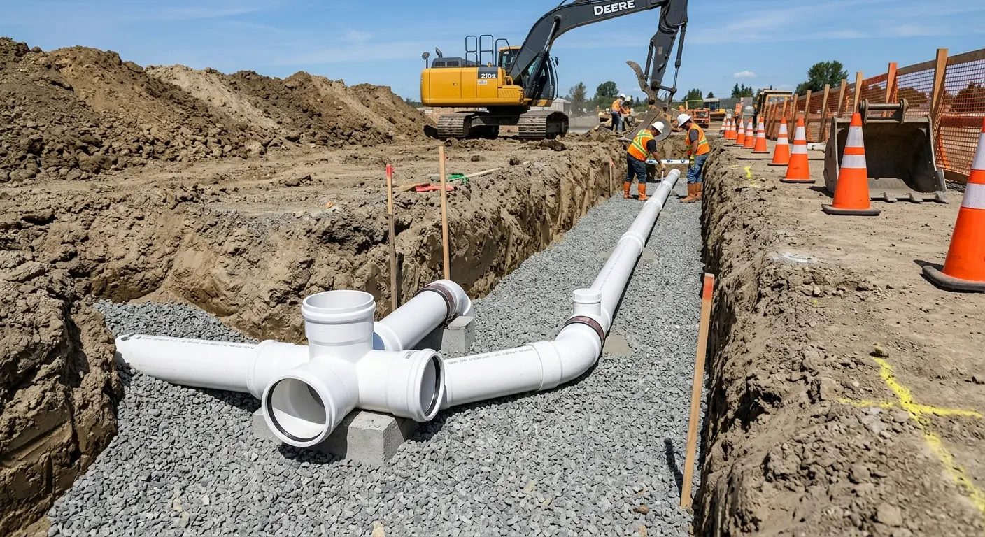 New PVC sewer pipe installation in open trench for Grease Trap Cleaning in Fruitville