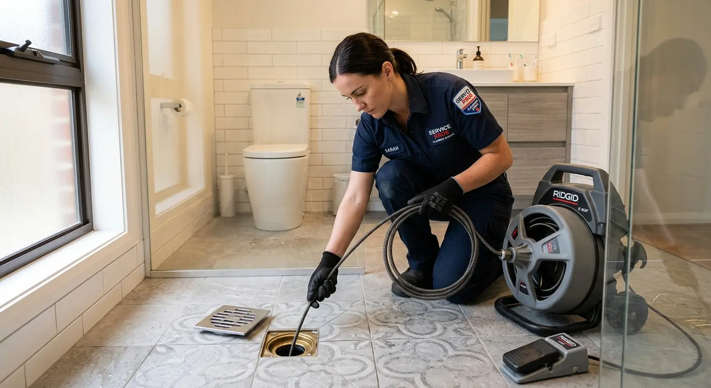 Technician clearing a bathroom floor drain for Drain Repair in Fruitville